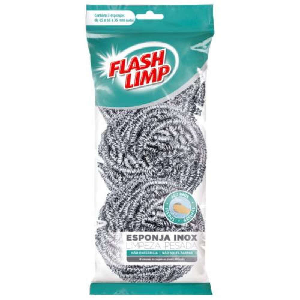 ESPONJA AÇO INOX LIMPEZA PESADA FLASHLIMP C/03