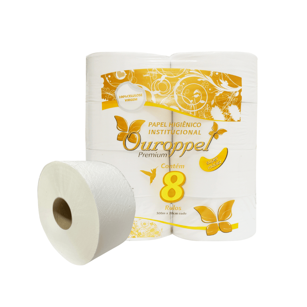 PAPEL HIGIENICO ROLAO 100% CELULOSE 300M OUROPPEL C/08