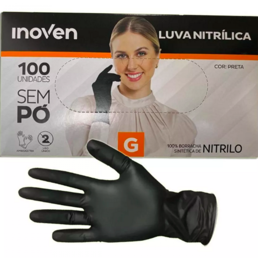 LUVA NITRILICA S/ PO PRETA GRANDE INOVEN C/100