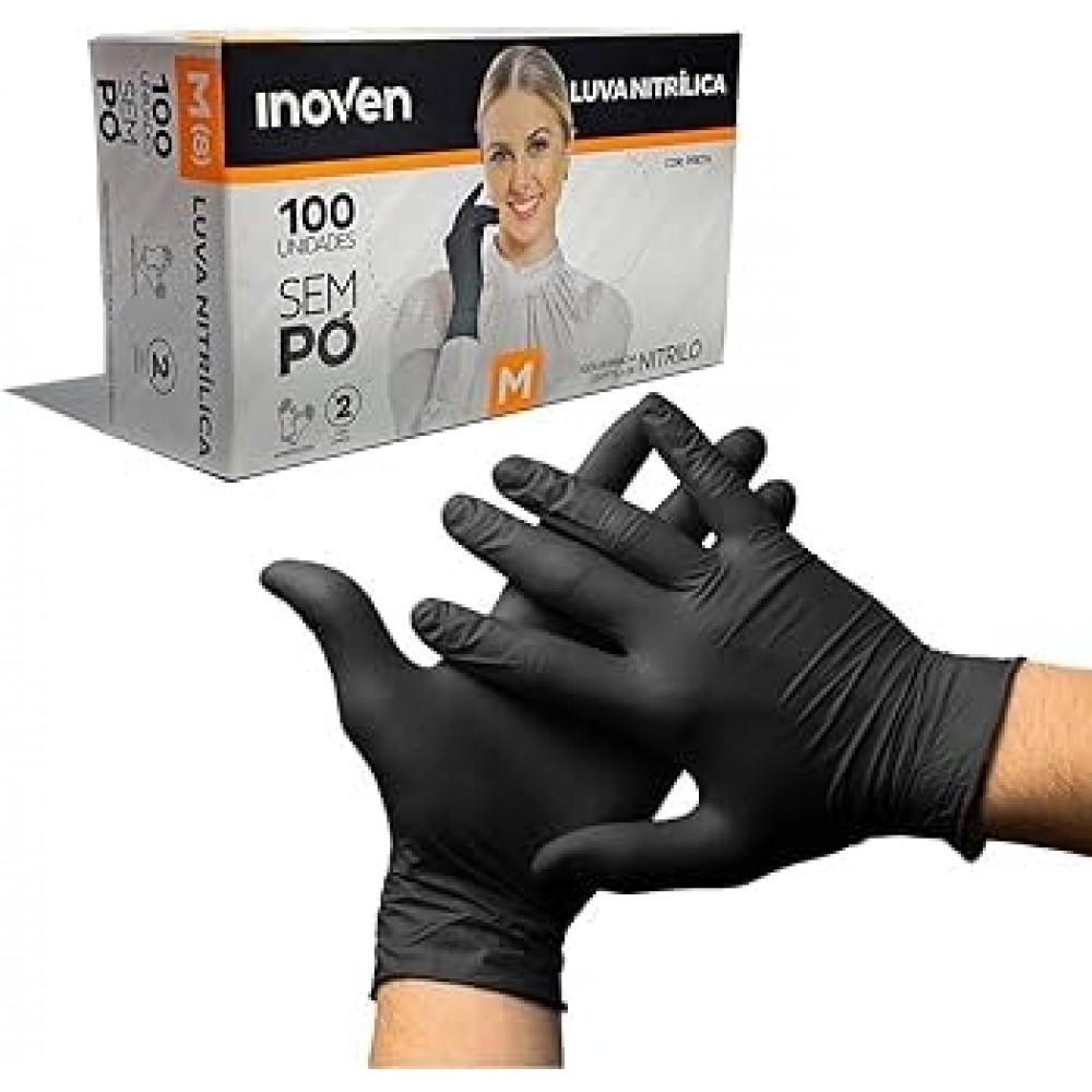 LUVA NITRILICA S/ PO PRETA MEDIA INOVEN C/100