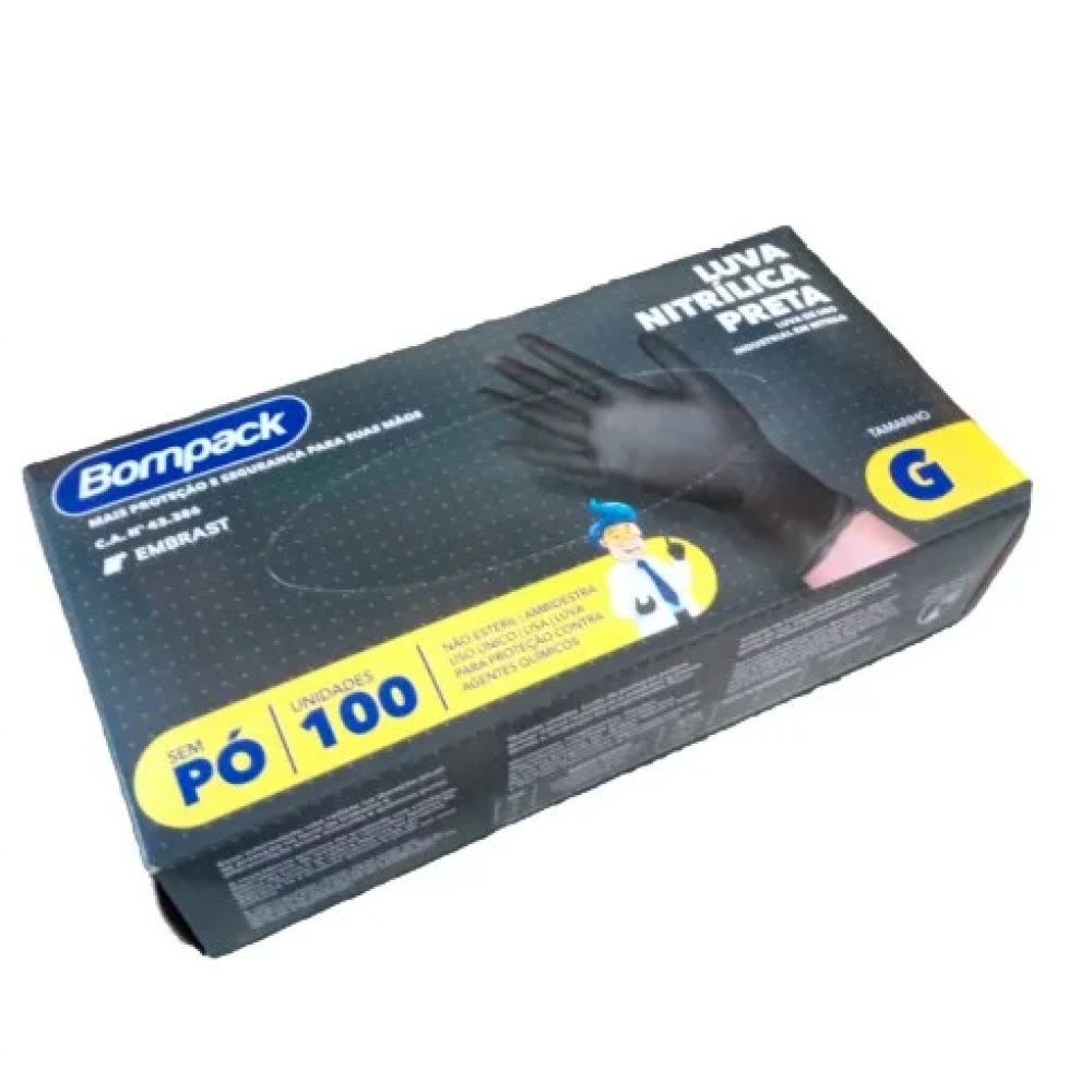 LUVA NITRILICA S/ PO PRETA GRANDE C/100 BOMPACK